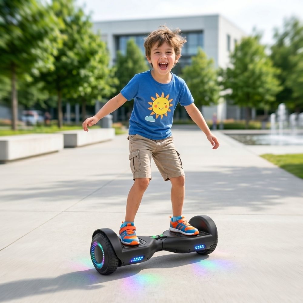 Child wearing a helmet riding a hoverboard on a smooth outdoor path
