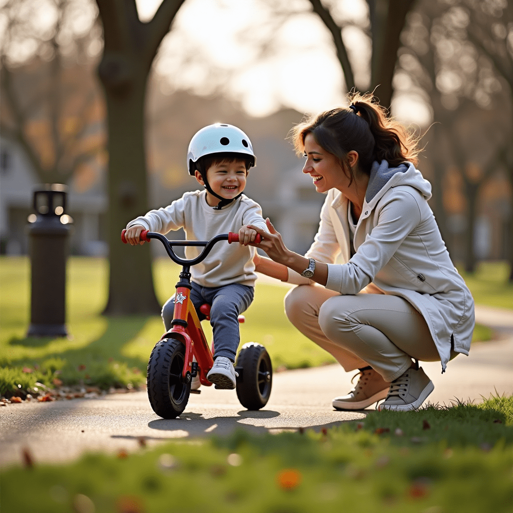 Parent encouraging toddler riding a balance bike in a sunny suburban park, showcasing a joyful and supportive learning moment.