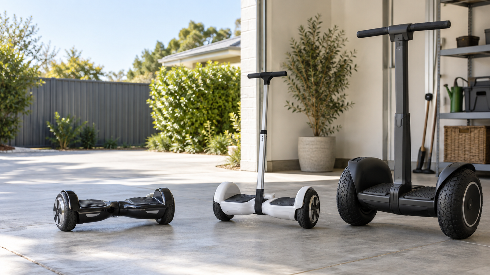 Standard hoverboard, removable balance handle and handled self-balancing transporter compared on a private paved area