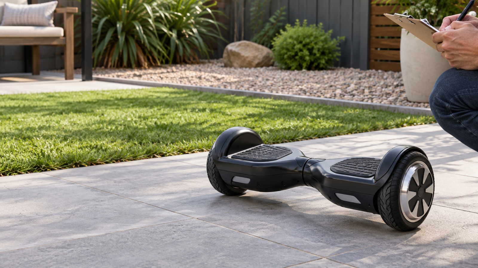 Hoverboard parked on dry paving beside grass and gravel for a surface suitability check