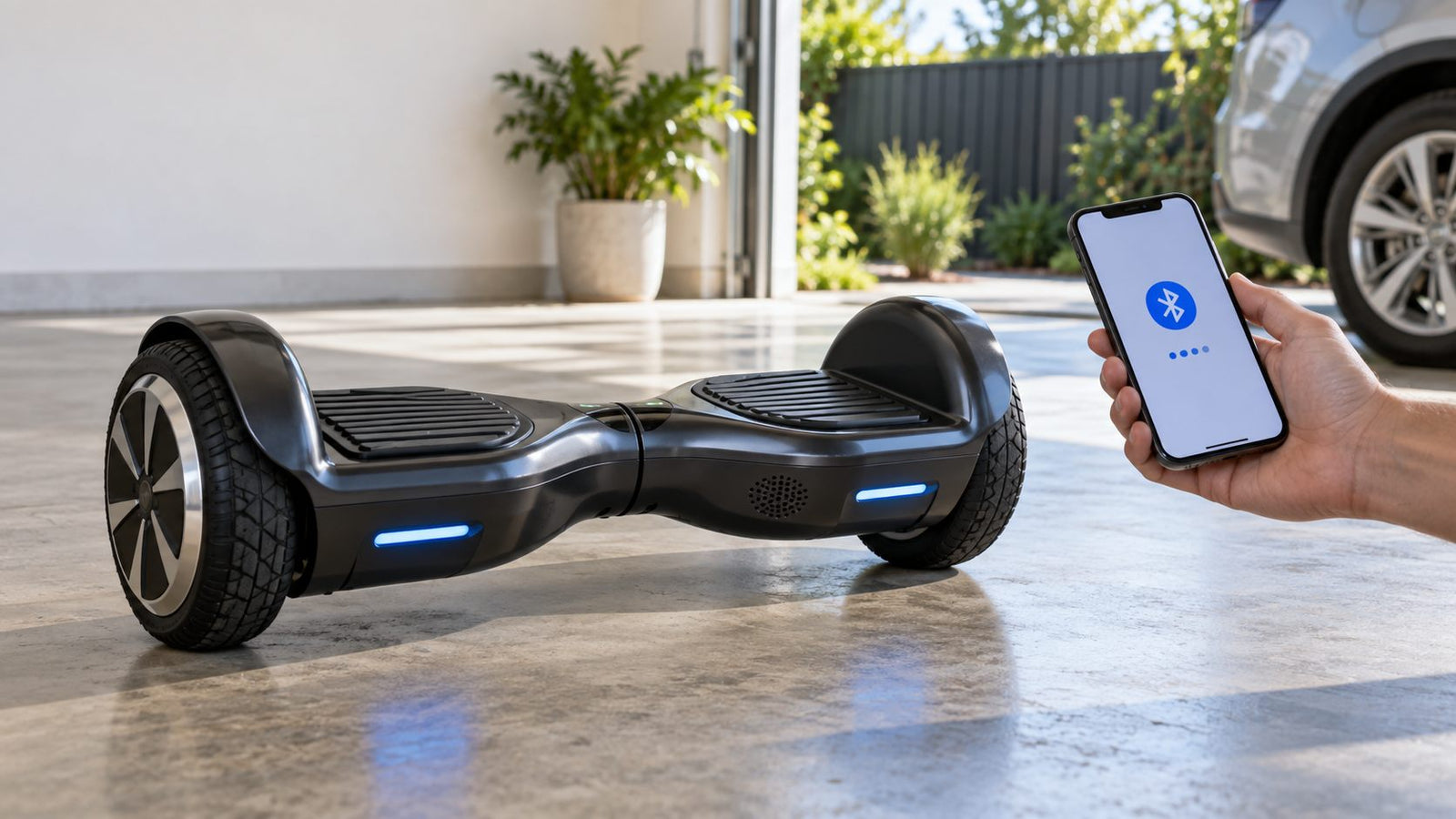 Adult pairing a phone with a stationary Bluetooth hoverboard in a private garage