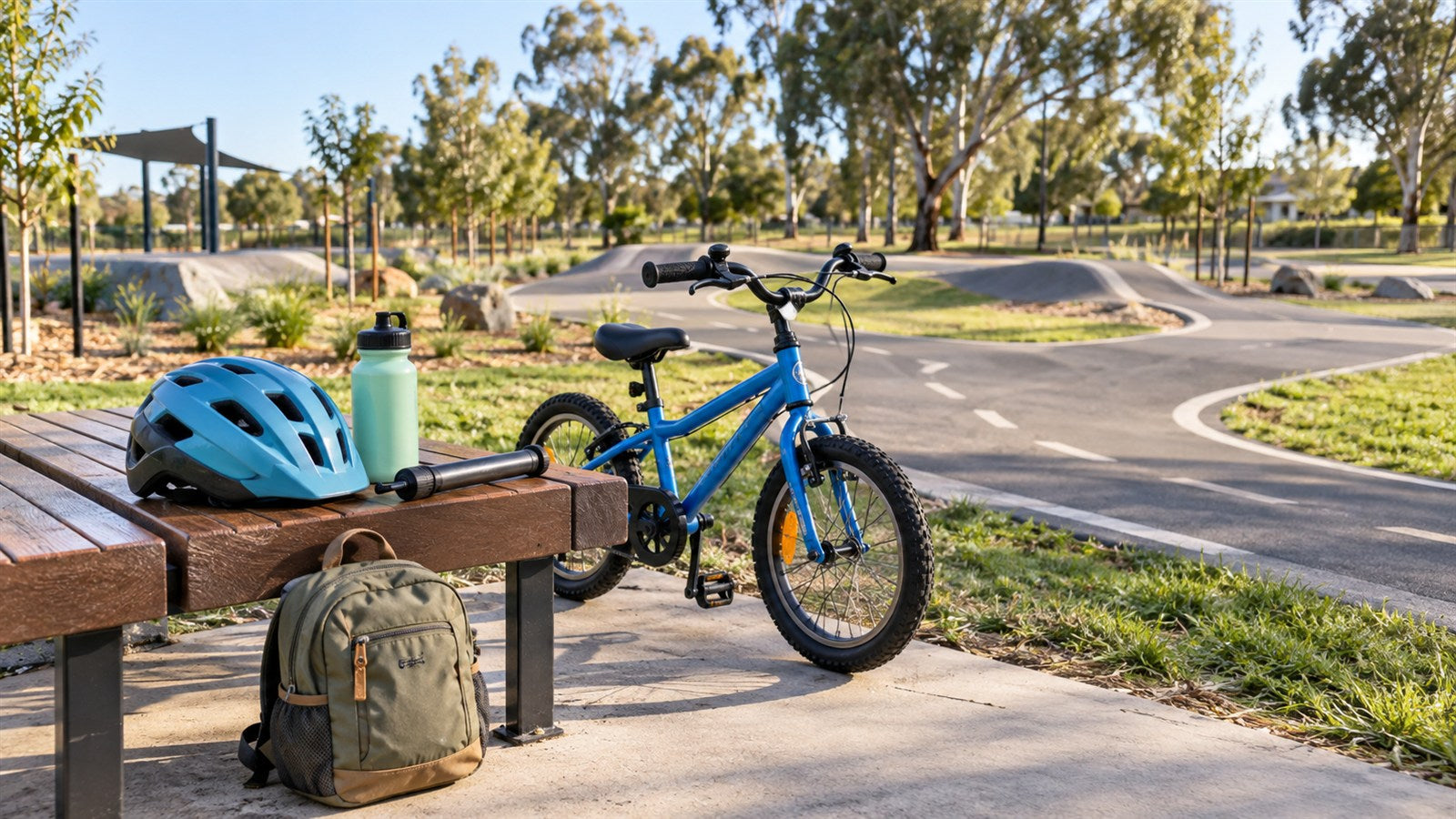 Kids' bicycle, helmet, water bottle, pump and backpack beside a bike skills park