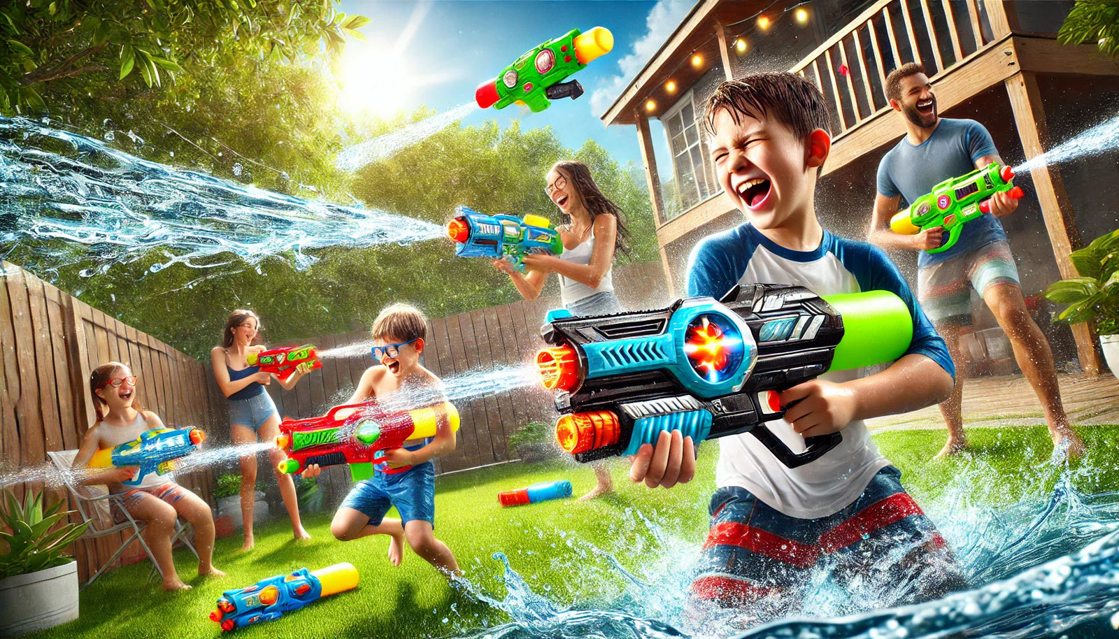 Kids and adults using electric water guns in a backyard water battle