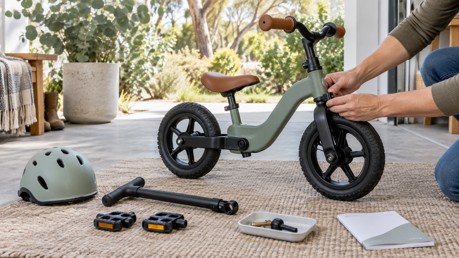 Adult checking an unbranded convertible balance bike with pedals, parent handle, helmet and manual nearby