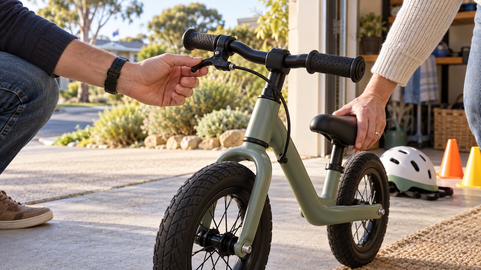 Adult checking the hand-brake lever on a small green balance bike
