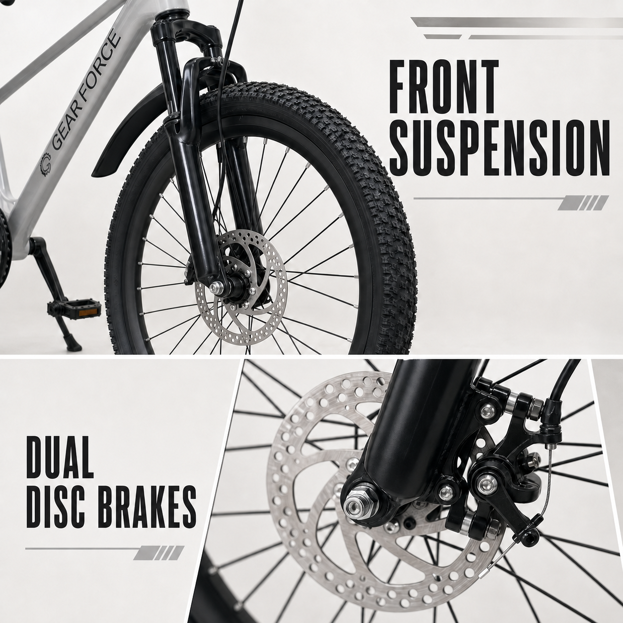 Gear Force kids bike front suspension and dual disc brakes