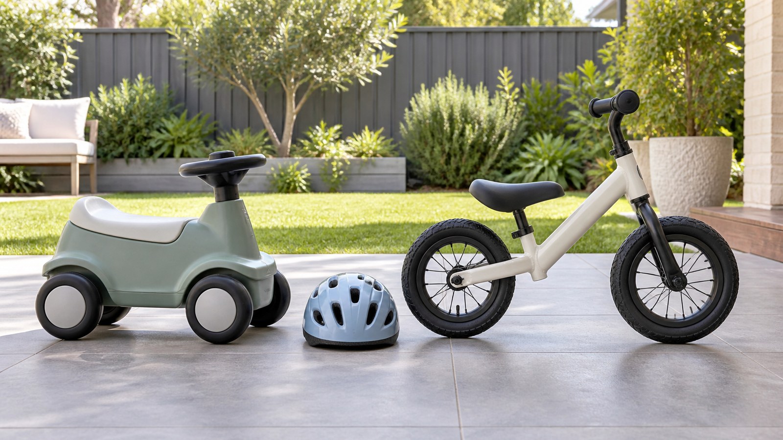 Four-wheel toddler ride-on beside a two-wheel balance bike on a patio