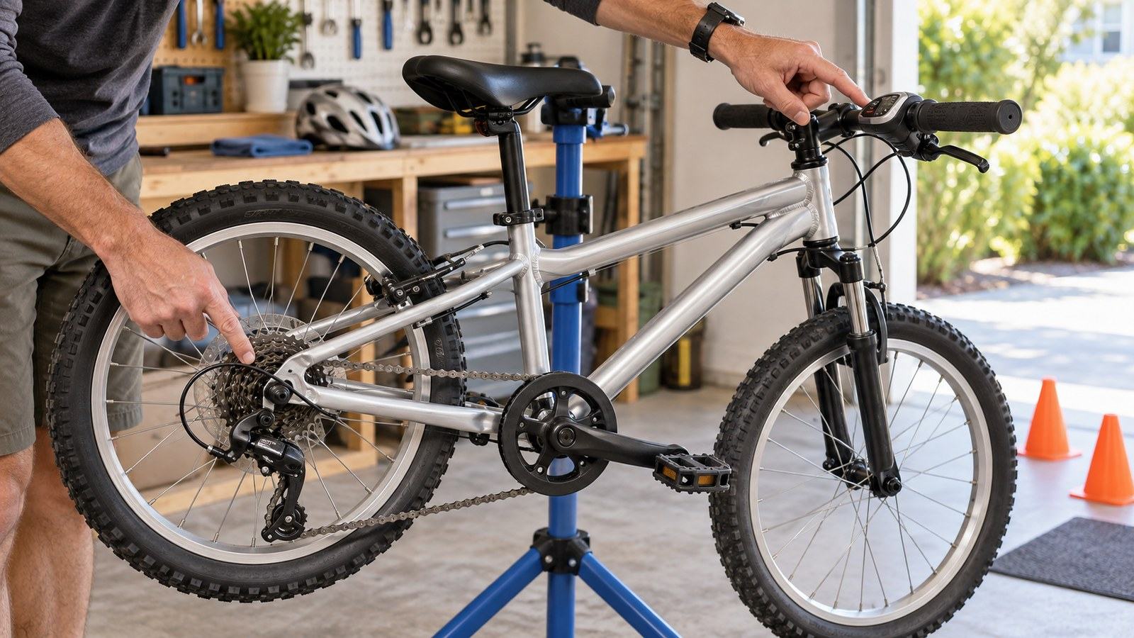 Adult pointing to the shifter and rear gears on a silver kids’ bike