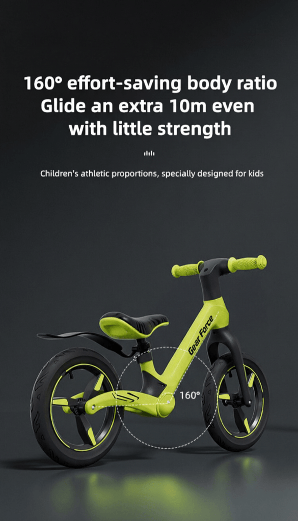 Children's balance bike with text on effort-saving body ratio and glide distance.