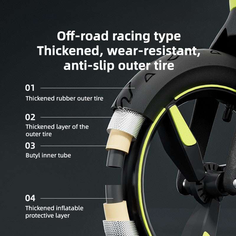 close-up of pneumatic tyres and tread on kids balance bike
