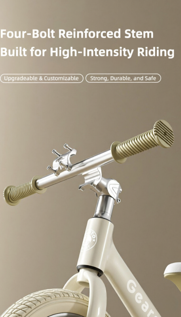 Balance bike handlebar with reinforced stem on a beige background